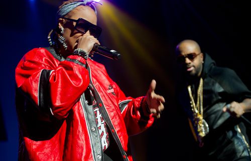 Da Brat (left) performs on stage at the Fox Theatre in Atlanta with Jermaine Dupri during the So So Def 20th Anniversary Concert on Saturday, February 23, 2013. 