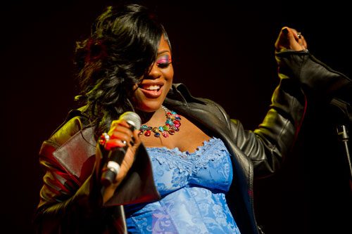 Tamika Scott from the group Xscape performs on stage at the Fox Theatre in Atlanta during the So So Def 20th Anniversary Concert on Saturday, February 23, 2013. 