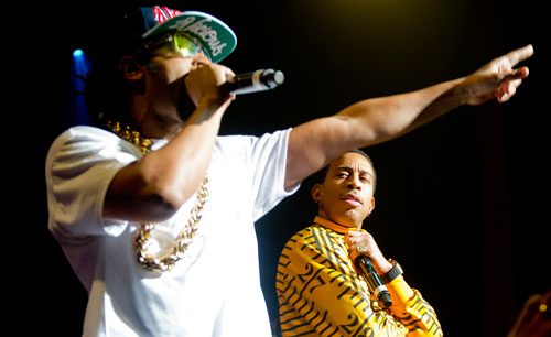 Ludacris (right) and Lil Jon perform on stage at the Fox Theatre in Atlanta during the So So Def 20th Anniversary Concert on Saturday, February 23, 2013. 
