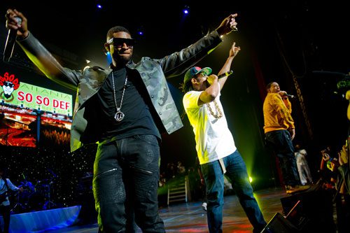 Usher (left), Lil Jon and Ludacris perform on stage at the Fox Theatre in Atlanta during the So So Def 20th Anniversary Concert on Saturday, February 23, 2013. 