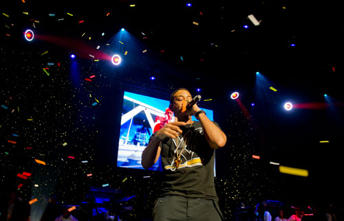 Ludacris performs on stage at the Fox Theatre in Atlanta during the So So Def 20th Anniversary Concert on Saturday, February 23, 2013.  
