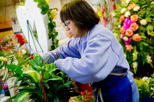 Jihfang Liu arranges flowers and plants in a basket at A Blooming Earth florist shop in Decatur on Thursday, January 31, 2013. 