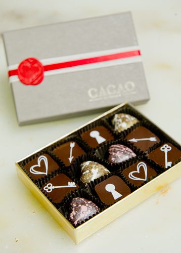 A box of Valentine's Day truffles sit on a marble counter top at Cacao Atlanta in Inman Park on Friday, February 1, 2013.
