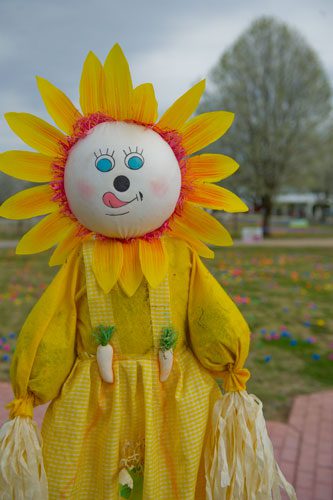 A scarecrow protects the thousands of eggs scattered over Nash Farm Battlefield in Hampton before the start of the Easter egg hunt on Friday, March 22, 2013.