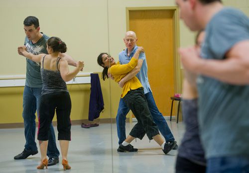 Jon Cohen (right), Suji Rao, Marie Collantes and Joel DeSalvo practice a new dance step during a Dance 4 Fun swing class in Lawrenceville on Monday, April 15, 2013.