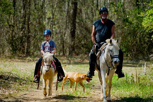 Sydney Gray (left) follows Dennis Horion's lead as they ride horses and ponies along an eight mile trail in Covington with the Adopt-A-Horse organization on Tuesday, April 2, 2013. 