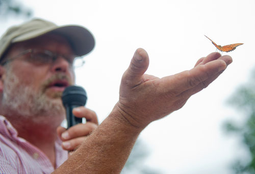 A butterfly perches on Henning von Schmeling's fingertips as he speaks to the crowd at the Chattahoochee Nature Center in Roswell during the 14th annual Flying Colors Butterfly Festival on Saturday, July 13, 2013.