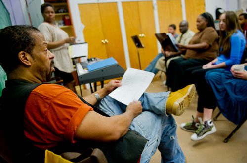 Director Thomas W. Jones II (left) listens to his cast as music director and composer Renee Clark leads rehearsal at Horizon Theatre in the Little Five Points neighborhood of Atlanta on Wednesday, June 26, 2013.