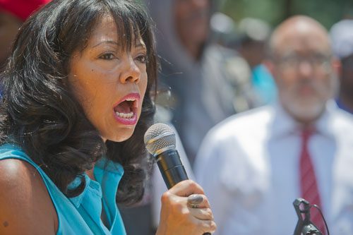 Lucia McBath, Jordan Davis' mother, speaks during the Trayvon Martin Rally at the Georgia State Capitol in Atlanta on Sunday, July 28, 2013. 