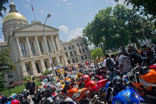 Around 800 motorcycles line Washington Street in front of the state capitol during the Trayvon Martin Rally in Atlanta on Sunday, July 28, 2013. 
