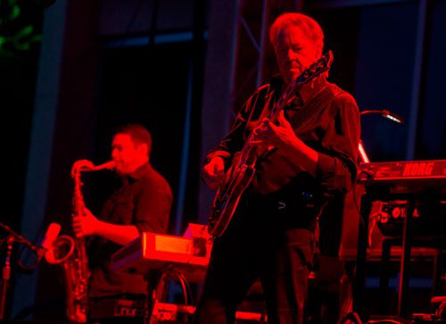Boz Scaggs (right) performs on stage with Eric Crystal during the Wells Fargo Concerts in the Garden Series at the Atlanta Botanical Gardens on Friday, July 19, 2013.
