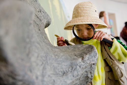 Tre Ward examines a dinosaur fossil with a magnifying glass at the Fernbank Museum of Natural History in Atlanta as part of the 12th anniversary of Giants of the Mesozoic on Saturday, August 24, 2013. 
