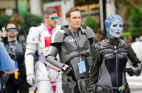 Rana McAnear (right) heads to the staging area for the annual DragonCon parade through downtown Atlanta on Saturday, August 31, 2013. 