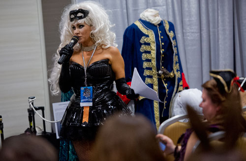 Andrea Mast Kessel emcees the Dealer Costuming Fashion Show during DragonCon in downtown Atlanta on Saturday, August 31, 2013.