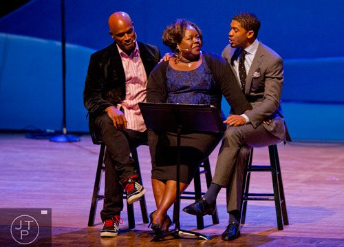 Kenny Leon (left), Cassi Davis and Derek Watkins give tribute to Evelyn G. Lowery during I've Known Rivers: A Legendary Life, a tribute to Joseph E. Lowery's 92nd birthday celebration at Morehouse College in Atlanta on Sunday, October 6, 2013. 