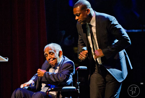 Rev. Dr. Joseph E. Lowery (left) dances with Chris Tucker during I've Known Rivers: A Legendary Life, a tribute to Lowery's 92nd birthday at Morehouse College in Atlanta on Sunday, October 6, 2013. 