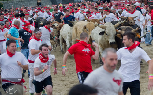 Thousands of participants got their chance to run a quarter mile course while being chased by 18, 1,800 pound bulls during the Great Bull Run at the Georgia International Horse Park in Conyers on Saturday, October 19, 2013. 