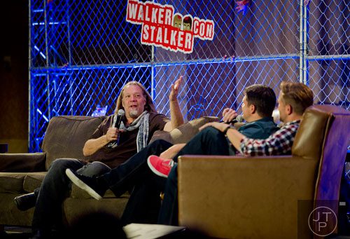 Greg Nicotero (left), The Walking Dead's executive producer and special effects makeup designer answers questions during Walker Stalker Con at the Atlanta Convention Center at AmericasMart on Saturday, November 2, 2013. 
