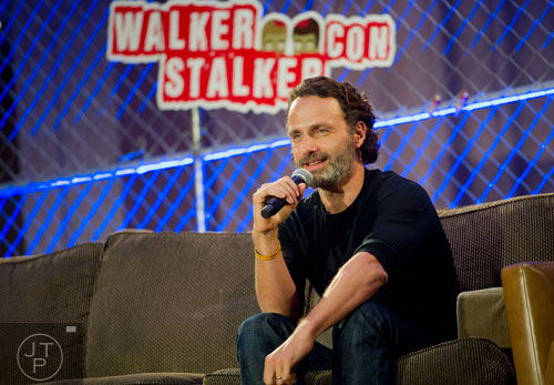 Andrew Lincoln, who plays Rick Grimes on the Walking Dead, speaks during Walker Stalker Con at the Atlanta Convention Center at AmericasMart on Saturday, November 2, 2013. 
