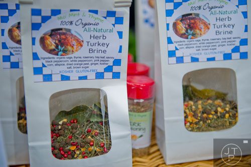 The Mo' Mint & Thyme booth at the farmers market in Marietta Square has a herb turkey brine that is perfect for the holidays as well as a three pack basket of drink mixes.