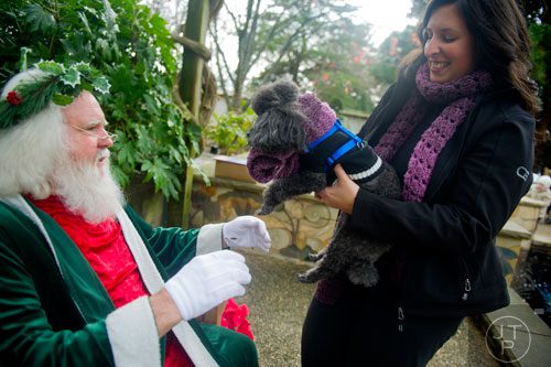 Katherine Bender (right) passes her toy poodle Hugo over to Santa Claus for a photo during the Reindog Parade at the Atlanta Botanical Garden in Midtown on Saturday, December 7, 2013.  