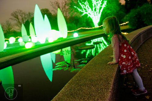  Madison Arnold watches the lights turn colors during Garden Lights Holiday Nights at the Atlanta Botanical Garden in the Midtown neighborhood of Atlanta on Thursday, November 21, 2013. 