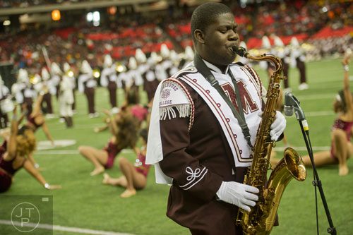 Morehouse College's Reggie White plays his saxophone for a solo during the 2014 Honda Battle of the Bands at the Georgia Dome in Atlanta on Saturday, January 25, 2014. 