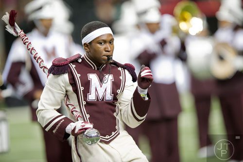 Morehouse College drum major Joseph Williams (center) performs during the 2014 Honda Battle of the Bands at the Georgia Dome in Atlanta on Saturday, January 25, 2014. 