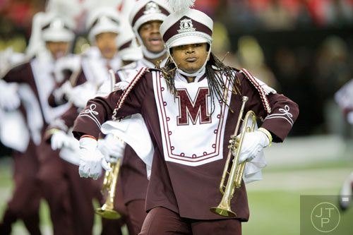 Morehouse College Deviere Lephere (center) performs during the 2014 Honda Battle of the Bands at the Georgia Dome in Atlanta on Saturday, January 25, 2014.