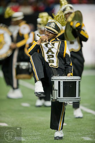 University of Arkansas at Pine Bluff's Kenneth Parks plays the snare drum during the 2014 Honda Battle of the Bands at the Georgia Dome in Atlanta on Saturday, January 25, 2014. 