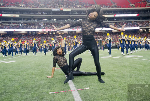 North Carolina A&T State University's Ashanti Sweat (front) and Cierria Hendricks perform during the 2014 Honda Battle of the Bands at the Georgia Dome in Atlanta on Saturday, January 25, 2014. 