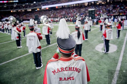 Winston Salem State University's Keenan Easter (center) plays his trumpet during the 2014 Honda Battle of the Bands at the Georgia Dome in Atlanta on Saturday, January 25, 2014.