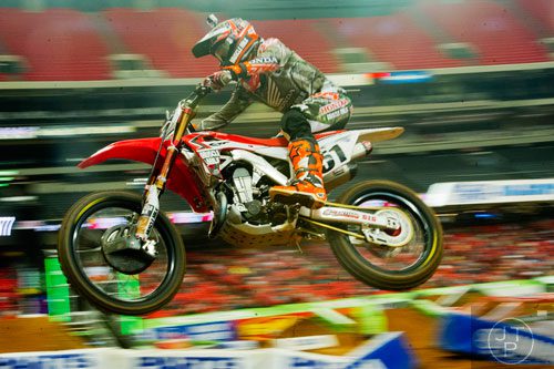 Justin Barcia (51) catches some air as he competes in a qualifying round of the Monster Energy AMA Supercross FMI World Championship at the Georgia Dome in Atlanta on Saturday, February 22, 2014.
