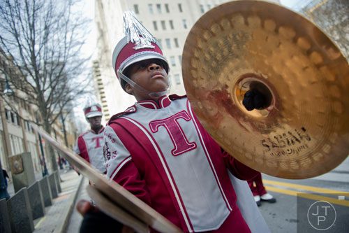 Towers High School marching band's Rondarian Hicks marches down Auburn Ave. in Atlanta during the Black History Month Parade on Saturday, February 22, 2014. 