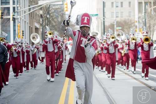 Towers High School marching band's Donel Heflin marches down Auburn Ave. in Atlanta during the Black History Month Parade on Saturday, February 22, 2014. 