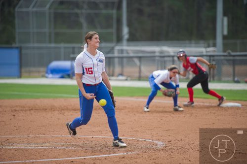 Georgia State's Katie Worley hurls the ball towards the plate during their game against UL Lafayette on Saturday, March 22, 2014.