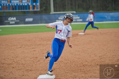Georgia State's Mallory Koepke (77) rounds third base on her way towards home during their game against UL Lafayette on Saturday, March 22, 2014.