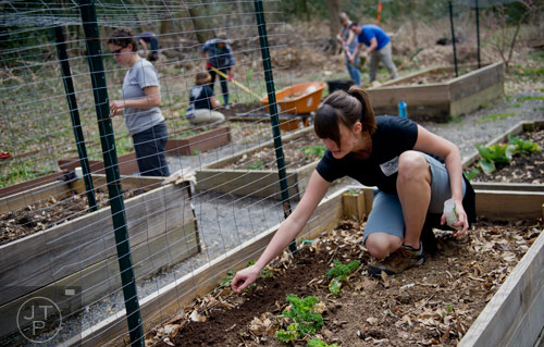 Kat Roberts (right) plants peas in one of the garden beds at the Cator Woolford Gardens at the Frazer Center in Atlanta on Sunday, March 2, 2014.