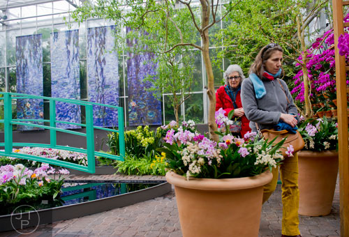 Judy Stolovitz (right) and Ellen Phillips look at the orchids on display as they walk through the Claude Monet section of the Orchid Daze: Lasting Impressions installation at the Atlanta Botanical Garden's Fuqua Conservatory and Orchid Center on Tuesday, March 4, 2014. 