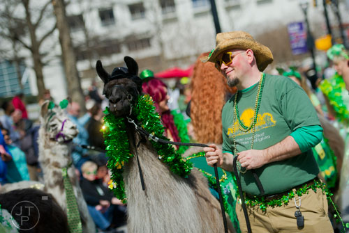Jeff Wilkowski (center) walks his llama Nairada down Peachtree St. during the Atlanta St. Patrick's Day Parade on Saturday, March 15, 2014. 