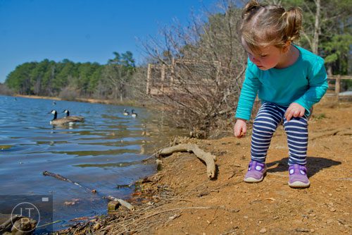 Ruthie Williams bends down to gather a handful of rocks at Murphey Candler Park in Brookhaven on Thursday, March 20, 2014.  