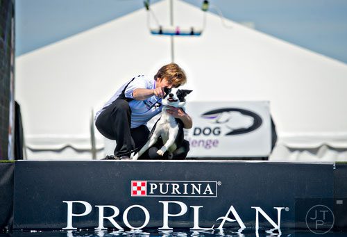 Cyndy Douan gets her dog Flank Sinatra to focus for the Fetch It competition during the Purina Pro Plan Incredible Dog Challenge at Centennial Olympic Park in Atlanta on Saturday, April 5, 2014. 