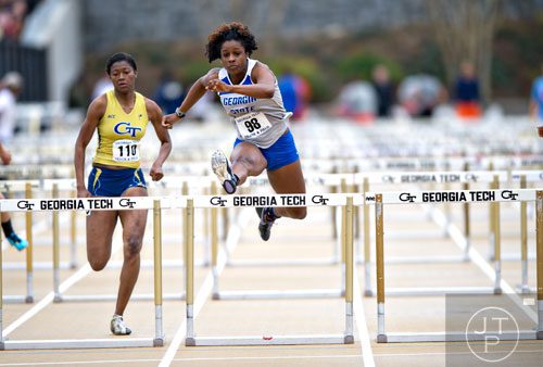 Georgia State's Aniya Moore clears the last hurdle in the 100 Meter Hurdles during the Yellow Jacket Invitational track meet on Saturday, March 29, 2014.