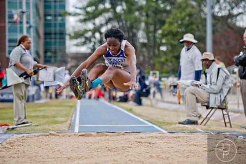 Georgia State's Katherine Randolph flies through the air in the Long Jump during the Yellow Jacket Invitational track meet on Saturday, March 29, 2014.