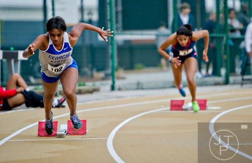 Georgia State's Jasmyne Robinson takes off from the starting blocks in the 400 Meter Dash during the Yellow Jacket Invitational track meet on Saturday, March 29, 2014.