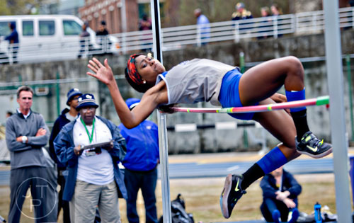 Georgia State's Alex Johnson clears the bar in the High Jump during the Yellow Jacket Invitational track meet on Saturday, March 29, 2014.