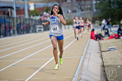 Georgia State's Kristiana Towns crosses the finish line in the 800 Meter Run during the Yellow Jacket Invitational track meet on Saturday, March 29, 2014.