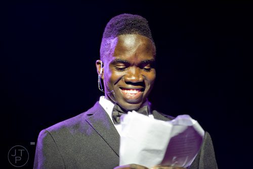 Cedric, one of the teenagers from Covenant House of Georgia, tells his story during A Night of Broadway Stars at the Buckhead Theatre in Atlanta on Thursday, April, 3, 2014.