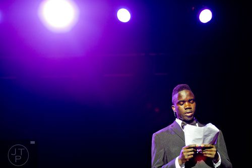 Cedric, one of the teenagers from Covenant House of Georgia, tells his story during A Night of Broadway Stars at the Buckhead Theatre in Atlanta on Thursday, April, 3, 2014.