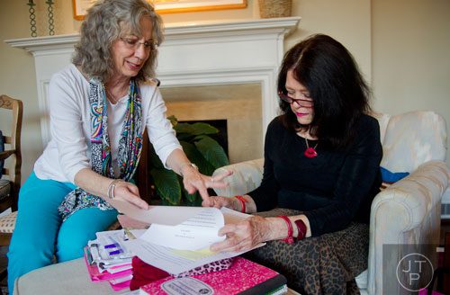 Author Rosemary Daniell (right) talks with Deborah Turner during a Zona Rosa writers' workshop at her sister's home in Buckhead on Thursday, March 20, 2014. 